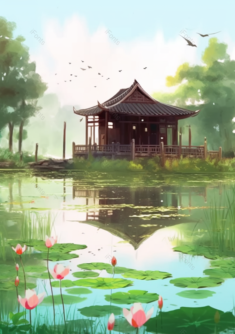 绿色蓝天白云下古式建筑房屋楼阁和荷叶荷花,插画/手绘图,插画/手绘图库,插画/手绘图下载,插画/手绘